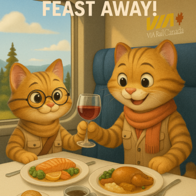Two cartoon senior cats dining on a Via Rail train, enjoying a festive meal with dishes like salmon, roast chicken, and dessert. One cat holds a glass of wine while the other wears glasses and a scarf, with text reading “12 Days of Christmas, Day 5: Take Train, Feast Away!” promoting Via Rail train experiences for seniors.