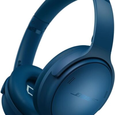 Sleek blue Bose noise-cancelling headphones with cushioned ear cups and an adjustable headband. The over-ear design provides immersive sound and active noise cancellation, ideal for travel or focused listening.