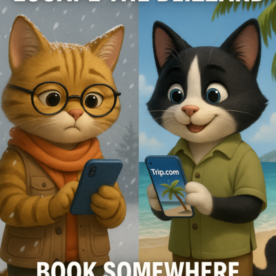 Illustration of two anthropomorphic senior cats using smartphones, with the left cat in snowy weather wearing glasses and a scarf, and the right cat in a tropical setting with palm trees. The text reads "Day 2: Escape the Blizzard" and "Book Somewhere Warm Tonight," promoting seniors booking warm destinations