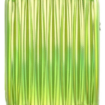 Shiny lime green Heys carry-on suitcase with a hard shell, vertical grooves, and four black spinner wheels. The suitcase has a retractable handle and a sleek, modern design ideal for travel.